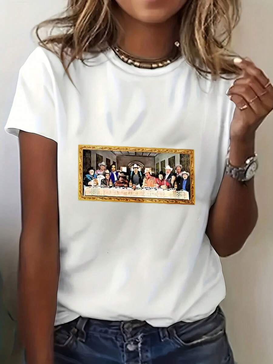 Last Supper Art Print Digital Print Short Sleeve Unisex Pure Cotton Loose And Comfortable - 白色 - 查看 1