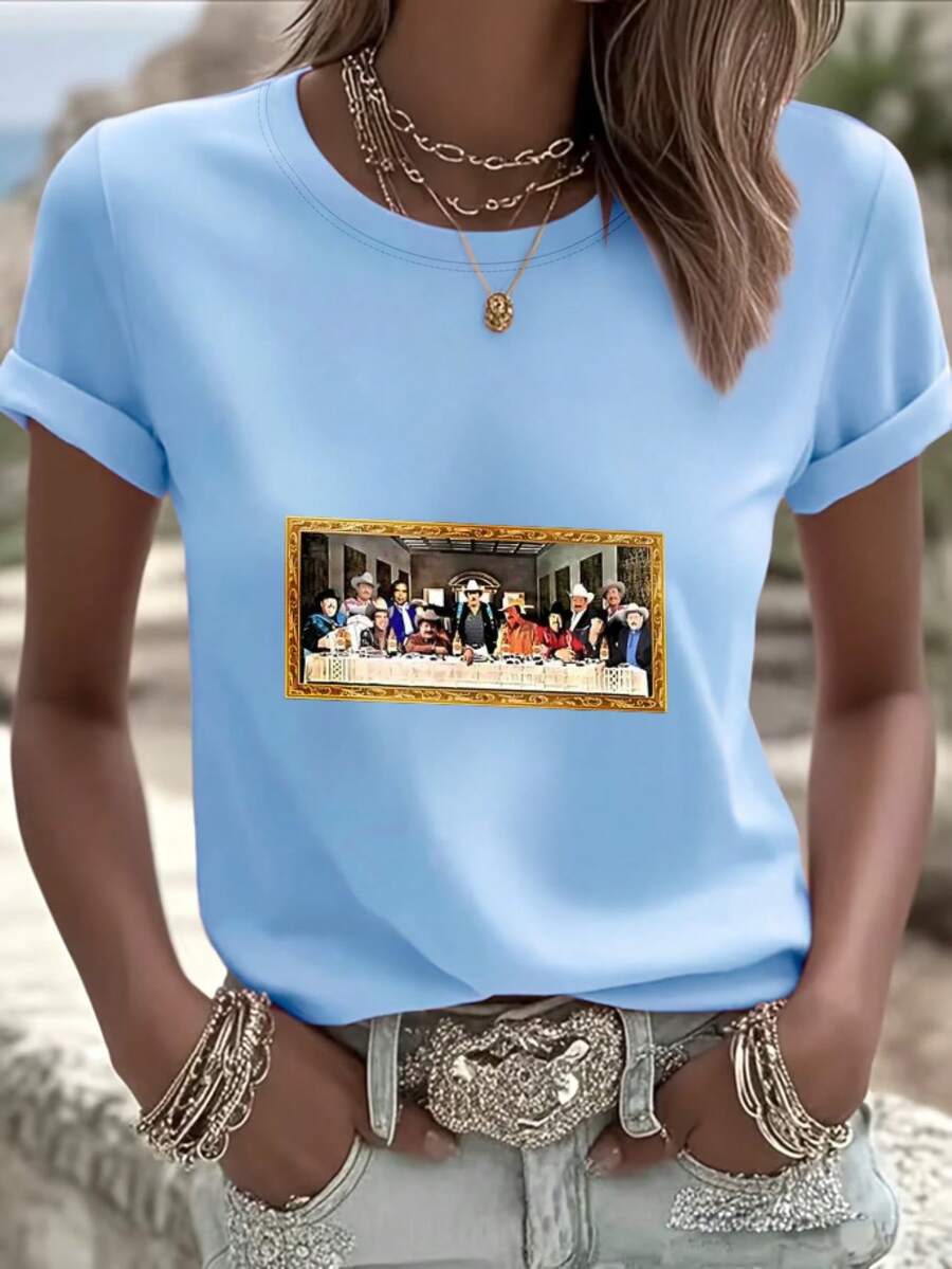 Last Supper Art Print Digital Print Short Sleeve Unisex Pure Cotton Loose And Comfortable - 藍色 - 查看 1