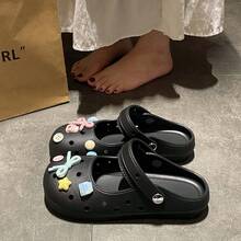 女士新款玛丽珍风格可爱百搭室内/室外舒适甜美EVA一脚蹬凉鞋，适合通勤、海滩等场合 - 黑色 - 查看 3
