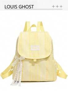 Fresh Colorblock Striped Backpack. No Pendant. Classic Flap Design, Can Easily Fit Daily Commute Essentials Like Phone, Tablet, Books, Umbrella, Etc. Wide Breathable Shoulder Strap Design, Distributes Weight, Whether Used As A Student's School Bag, An Office Worker's Casual Commute Bag, Or Even A Weekend Travel Backpack, It Can Perfectly Handle It. - Multicolor - View 16