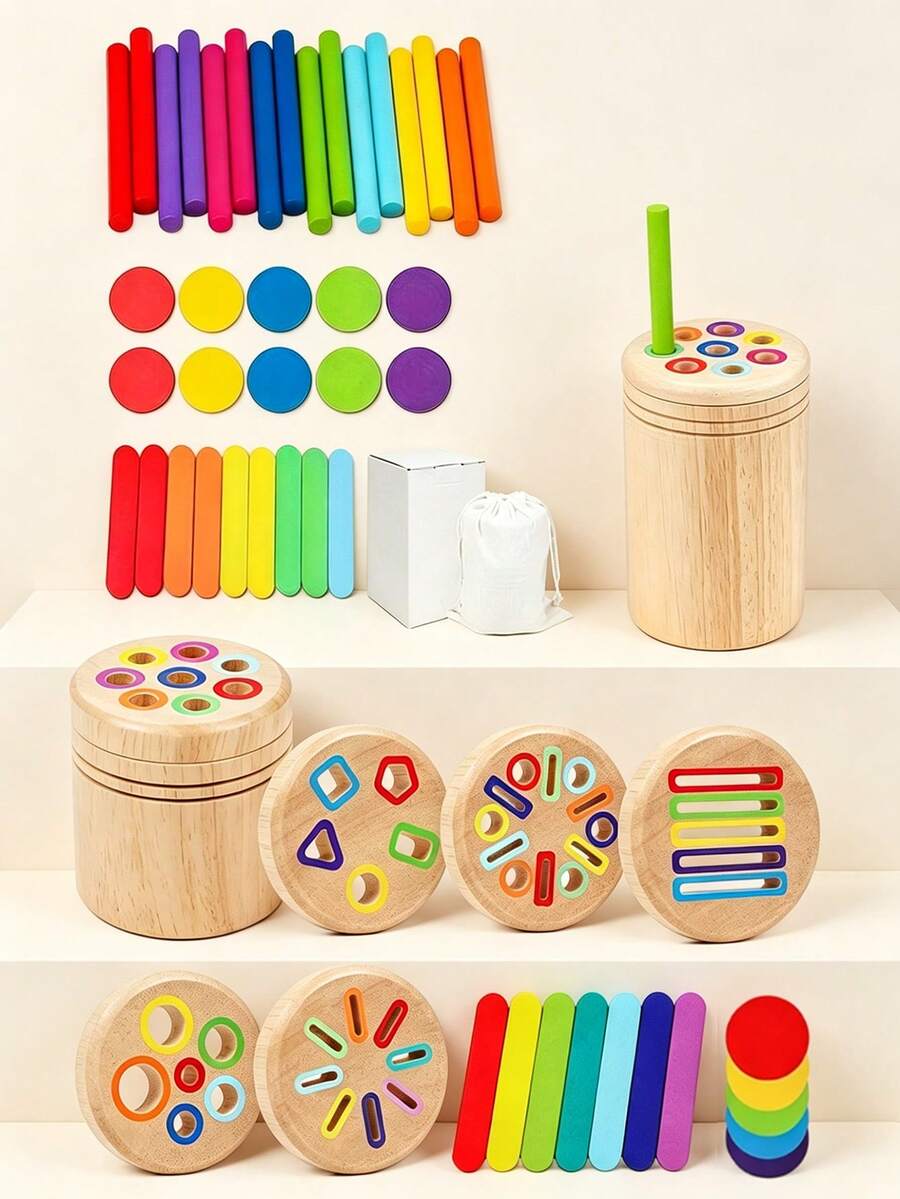6 en 1 Vasos de clasificación de colores de madera multifuncionales, adecuados para niños de 3+ años, incluye 1 tapa, se puede usar para identificación de colores y coincidencia de cantidad, juguete de educación temprana