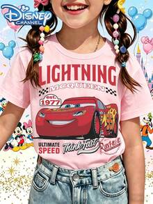 Disney T-Shirt, Short Sleeve, Made Of 100% Pure Cotton FabricGirls Short Sleeve T Shirt Pink Lightning McQueen Car Print With Text Ultimate Speed Think Fast Rusteze Disney Cars Theme For Casual Wear And PlaytimeGifts Suitable For Girls - Hồng - Xem 1