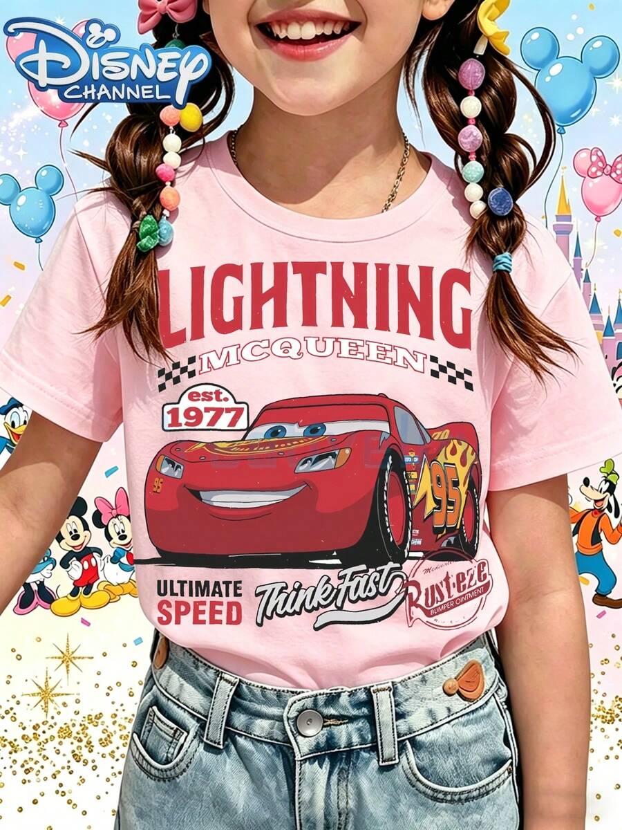 Disney T-Shirt, Short Sleeve, Made Of 100% Pure Cotton FabricGirls Short Sleeve T Shirt Pink Lightning McQueen Car Print With Text Ultimate Speed Think Fast Rusteze Disney Cars Theme For Casual Wear And PlaytimeGifts Suitable For Girls - Hồng - Xem 1