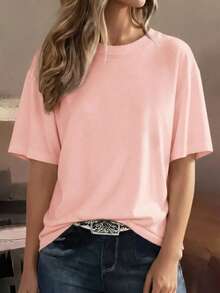 Women's Loose Crew Neck T-Shirt, All-Match Solid Color Short Sleeve Top, Soft & Breathable, Versatile For Daily Wear & Commute Pink Casual Summer - Pink - View 2