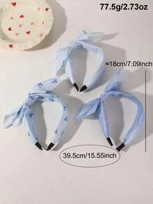 3件組女款時尚格紋蝴蝶結、波點、兔耳髮箍，布料髮圈，適用於日常、節日、派對、海灘度假裝飾髮帶 - 藍色 - 查看 6