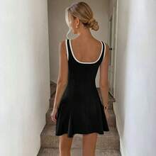 New Summer Sporty U-Neck Color Contrast Slim A-Line Tennis Dress - 黑色 - 查看 3