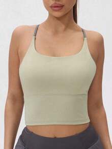 Women's Athletic T-Shirt With Fixed Padding, Color Contrast, Elastic, Summer Yoga Top - 荳蔻綠 - 查看 2