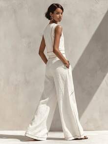 Women's Modest Boho Two-Piece Outfit Sleeveless Round Neck Cropped Blouse  Long Wide Leg Pants With Contrast Piping In Woven Fabric For Spring Outings - White - View 3