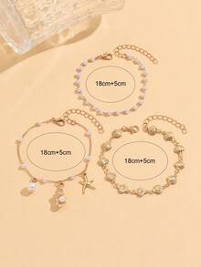 Set de 3 piezas de joyería con estilo de vacaciones románticas con tema oceánico, que incluye collar con colgante de estrella de mar y concha, pulsera combinación de oro de moda adecuada para uso diario y fiestas en la playa. Longitud de la cadena hecha a mano y cantidad de perlas y conchas aleatorias. - Dorado - Ver 4