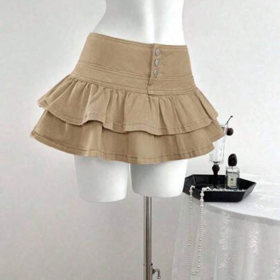 Nana's Women's Clothing Store Minifalda de mezclilla con volantes en el bajo de unicolor para mujer - Caqui - Ver 1