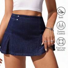 guang zhou mi qian shang mao  Minifalda de mezclilla casual con cintura alta y pliegues para mujer - Azul lavado medio - Ver 2