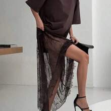 Vestido casual de mujer con parches de encaje de manga corta (sin cinturón), vestido de punto de unicolor con parches de encaje para uso diario, oficina, citas. La longitud y el tamaño se pueden ajustar con un cinturón. El estilo casual es ligeramente grande, se recomienda pedir una talla menos. Elegante negro - Blanco - Ver 11