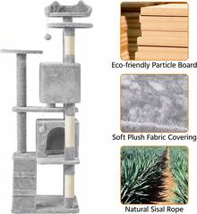 Dark Grey Multilevel Cat Tree Tower 138.5cm With Condos Ladder Scratching Posts Indoor Cat Climbing House Pet Activity Centre For Kittens - Light Grey - View 5