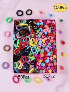 100pcs Korean Style Elastic Hair Ties, Scrunchies & Hair Clips Set, Practical Daily Hair Accessories For Girls - Multicolor - View 3