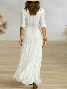 ZLLZ Vestido camisero de manga larga para mujer, nuevo de primavera/verano, moderno, elegante, de color liso, con solapa, plisado y botones, adecuado para salidas a los suburbios, citas, fiestas y uso diario - Blanco marfil - Ver 10