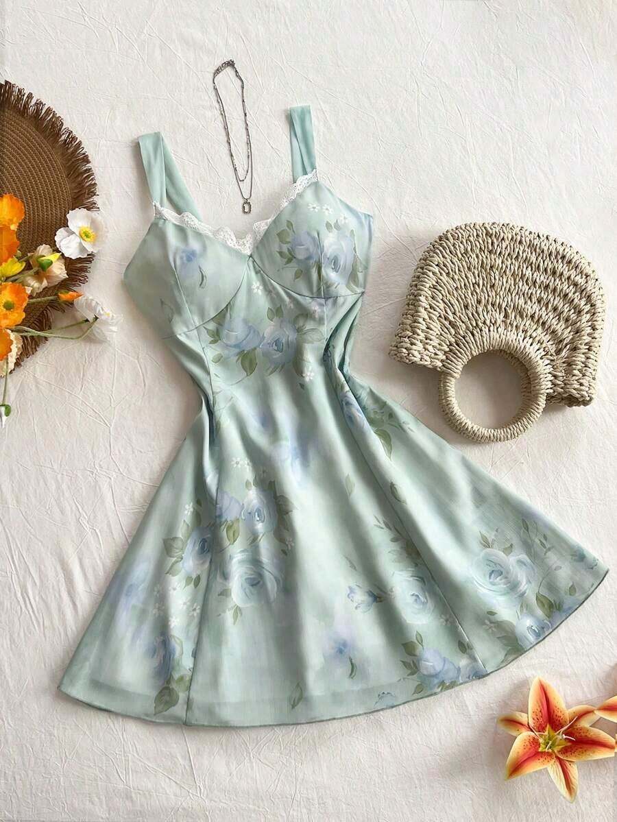 Vestido mini acampanado con estampado floral en la cintura, estilo casual de vacaciones para mujeres - Verde - Ver 1