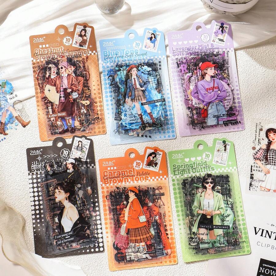 10入時髦女孩貼紙組，美學街頭風自黏女孩貼紙，適用於剪貼簿、雜誌DIY裝飾，不重複