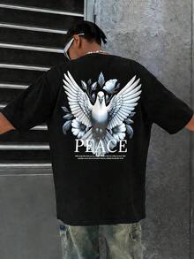Men's Short Sleeve Crew Neck T-Shirt With Large Statue, Floral, And English Print | Exquisite Design | Summer Essential | Easy To Match - Hitam - View 2