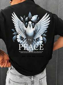 Men's Short Sleeve Crew Neck T-Shirt With Large Statue, Floral, And English Print | Exquisite Design | Summer Essential | Easy To Match - Hitam - View 3