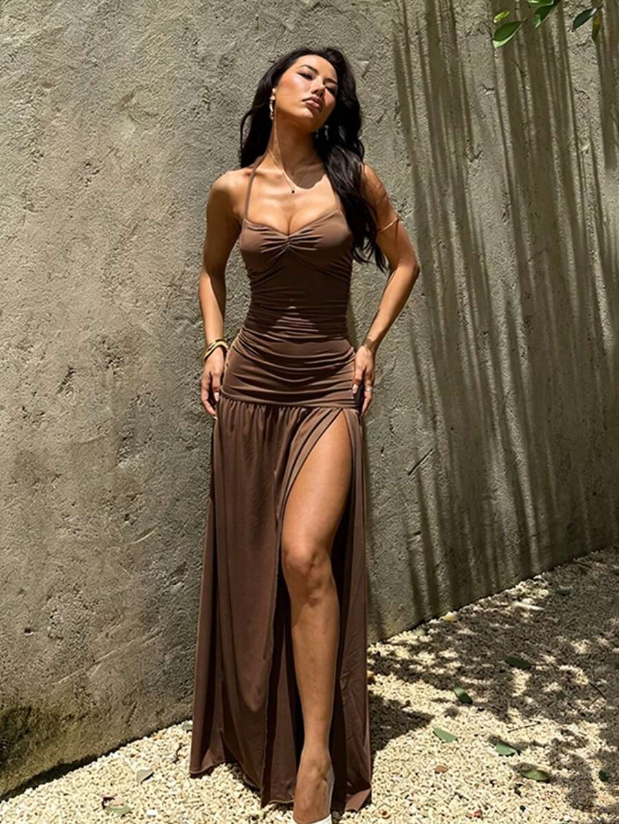 Summer Dress, Women's Elegant Party High Slit Pleated Waist Design Beach Dress, Suitable For Vacation, Wedding, Birthday Party, Back To School Party, Holiday, Evening Gown