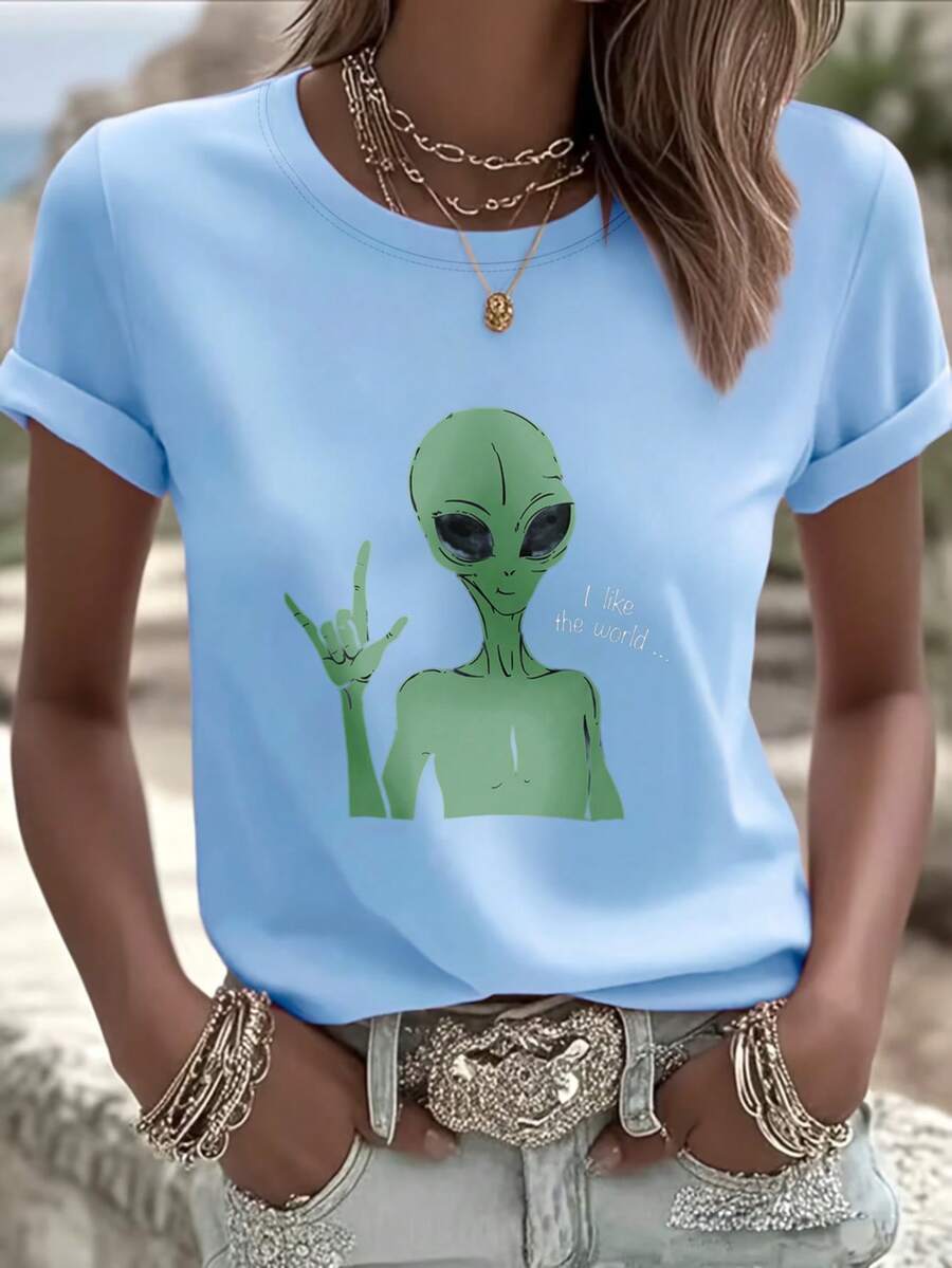 Alien Making Peace Sign With Digital Print Text Short Sleeve Unisex Pure Cotton Loose And Comfortable - Blue - View 1