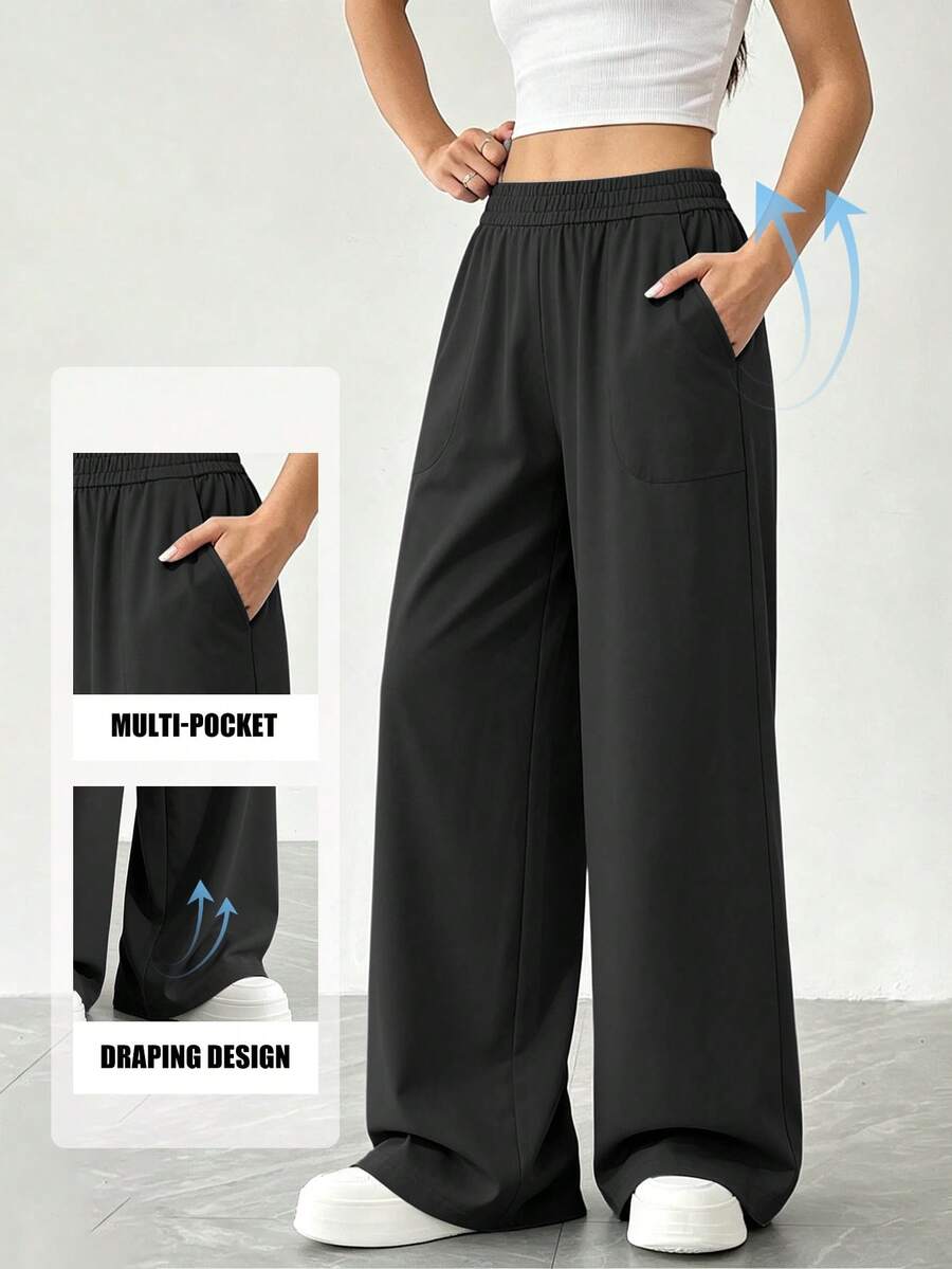 New Women's Elastic Drawstring Wide Leg Sports Pants, Contrast Color Dual Pockets Loose Fit, Fitness Yoga Running Casual Everyday Pants - Black - View 1