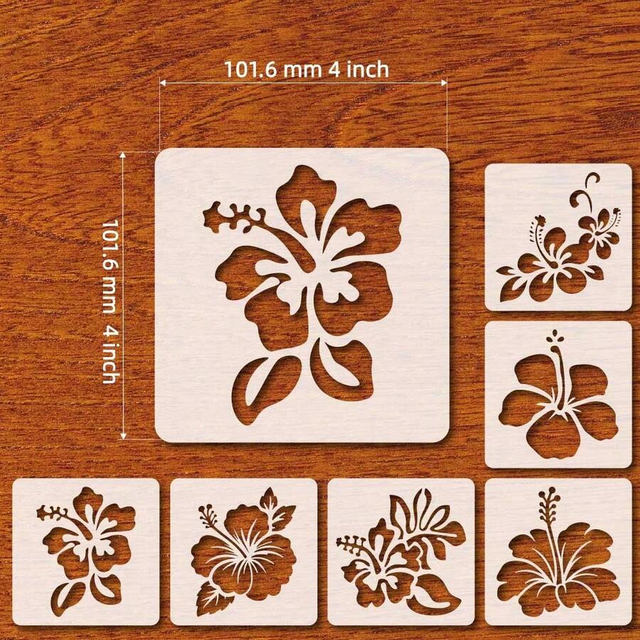 6pcs Hibiscus Flower Stencil For Painting On Wood Signs, 4 Inch Flowers Pattern Stencils Reusable, Plastic Decorative Floral Template For Wall, Journal, Scrapbook, Canvas Home Decor DIY Art Projects