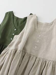 Women's 100% Linen Sleeveless V Neck A-Line Dress Casual Loose Fit Breathable Summer Midi Dress - 杏色 - 查看 4
