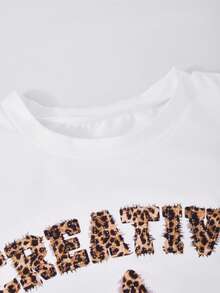 Y2K Style Spicy Leopard & Star Print White Short Sleeve T-Shirt + Loose Denim-Look Pants 2-Piece Set, Casual Outdoor Summer - White - View 6