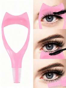 3-In-1 Eyelash Brush, Eyelash Protector Tool, Makeup Auxiliary Device, Reusable Makeup Accessory. Designed For Makeup Beginners, Easily Apply Mascara And Eyeliner For Separated, Clump-Free Natural Lashes. This Mascara Guard Set Combines Eyelash Grooming And Lash Tweezers Functions, Suitable For Women - Pink - View 2