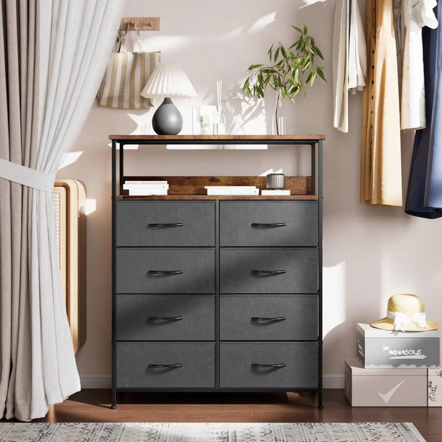 Tall 8 Drawer Chest With Double Shelves Large Storage For Bedroom Home - Black - View 1