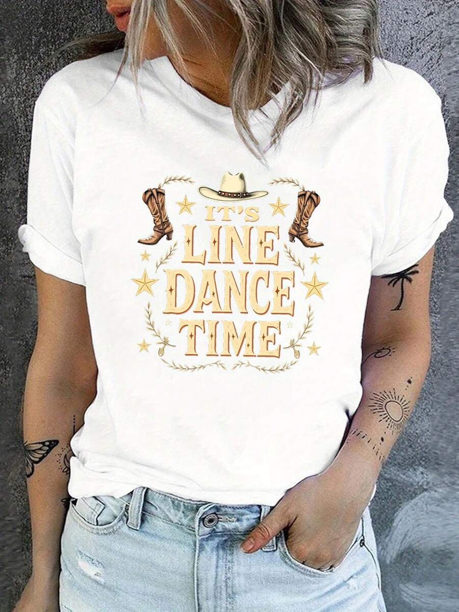 IT S LINE DAN TIME Printed T-Shirt, Casual Short Sleeve Round Neck Top, Women's Clothing For Spring/Summer, Women's Shirts. - 白色 - 查看 1