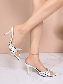 2026 Sommer Neu Weiß mit schwarzen Polka Dots Satin Schleife Spitzschuh Stiletto Absatz Mule Pantoffeln für Damen, vielseitige Pendler Schuhe - Weiss - Übersicht 6