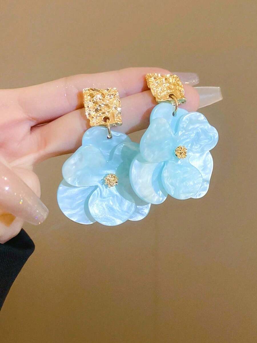 1對復古風花卉設計耳釘，適合夏季度假的女性時尚飾品，新穎耳環 - 藍色 - 查看 1