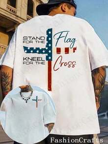 Patriotic Christian Faith T-Shirt, Defend The Flag, Kneel For The Cross, Religious T-Shirt, Cross Design, Men's T-Shirt Showing American Pride, Conservative Christian Cotton Clothing - 白色 - 查看 10