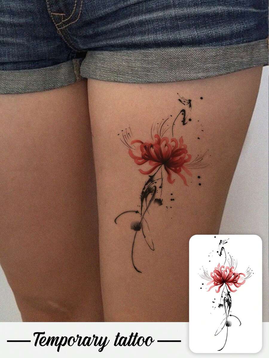 1张纹身贴纸 - 墨迹泼墨风格,红色牡丹花图案,传统中式水墨竖纹纹身图案,临时纹身贴纸,可水洗PVC材质,防水防汗,适用于手部、手臂、腰部、腹部、背部、腿部 - 不反光,逼真纹身设计,适合旅行、音乐节、游戏、毕业礼物、日常使用。可维持3-5天。 - 彩色 - 查看 1