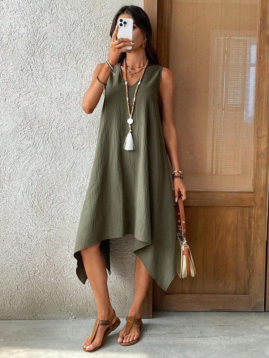 Vestido casual de mujer con estampado de muñeca y mangas cortas, atuendo de abuela, vestido casual de mujer, atuendo casual para mujer, atuendos de verano para mujer, vestido bohemio - Verde - Ver 1