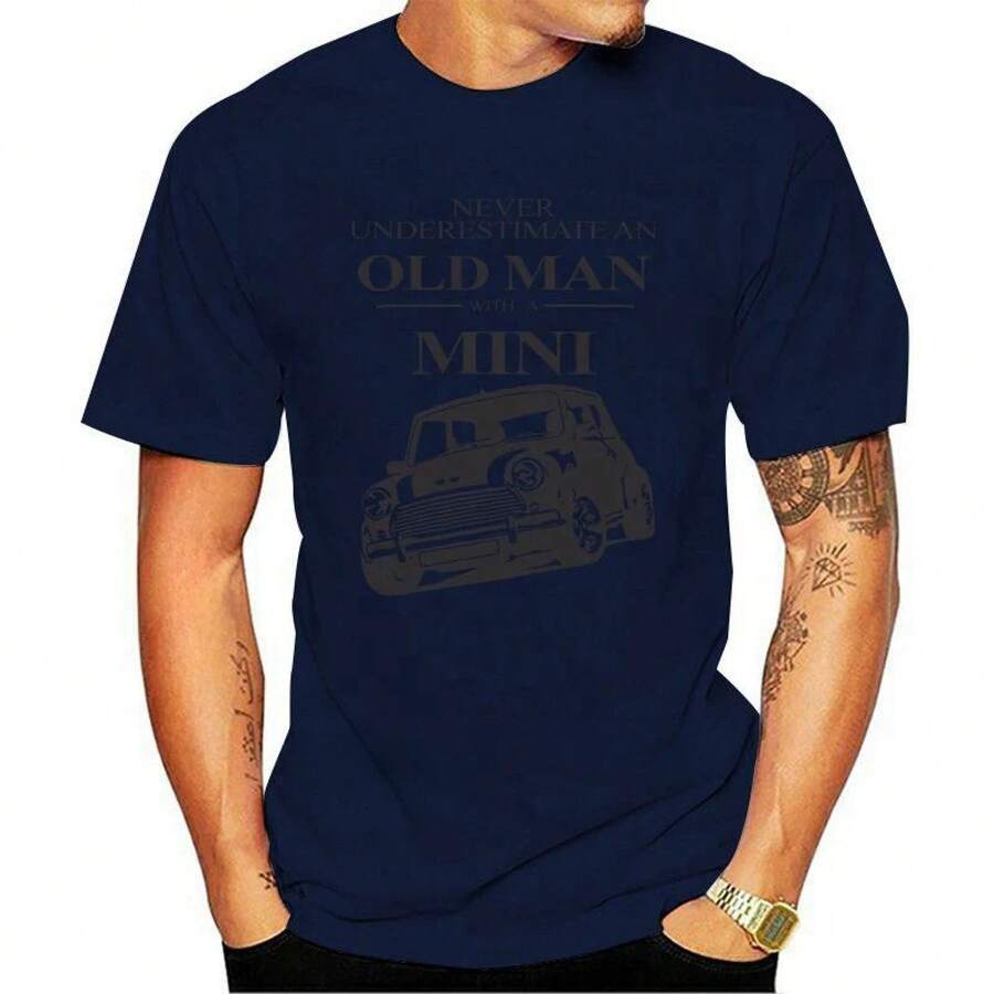 Unisex T-Shirt With Older Man Print In Classic Mini Skirt, Casual And Cool Style, Fashionable Unisex Summer T-Shirt With Round Neck - 藍色 - 查看 1