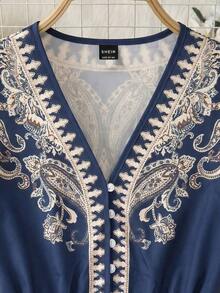 Vestido de línea A con botones y estampado, vestido romántico para citas, vacaciones, playa, verano, primavera, fiestas, atuendo de invitada - Champán - Ver 11