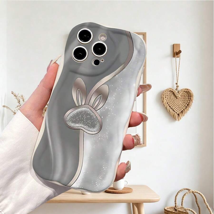 1pc Fashion TPU Material Rabbit Ear Pattern White Cream Ripple Thick Anti-Fall Precise Hole Lens Protection Phone Case, Suitable For Anti-Fall Anti-Shock Lens Full Coverage Protection, High Fashion, Suitable For Both Men And Women, Ideal Choice For Fashion Enthusiasts, Minimalist And Stylish Phone Case Compatible With Iphone/ Galaxy/Transsion - White - View 1