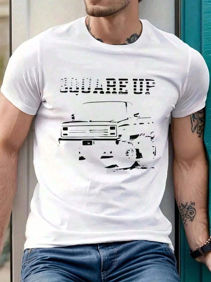 Men's T-Shirt With Chevy Truck Design, Boxy Body, 220 G/M² Pure Cotton T-Shirt (1 Piece), Men's 220 G/M² Pure Cotton Casual Crew Neck T-Shirt (1 Piece) - 白色 - 查看 1