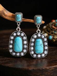 1 Pair Geometric Synthetic Turquoise Inlaid Zinc Alloy Dangle Earrings - Antique Silver - View 6