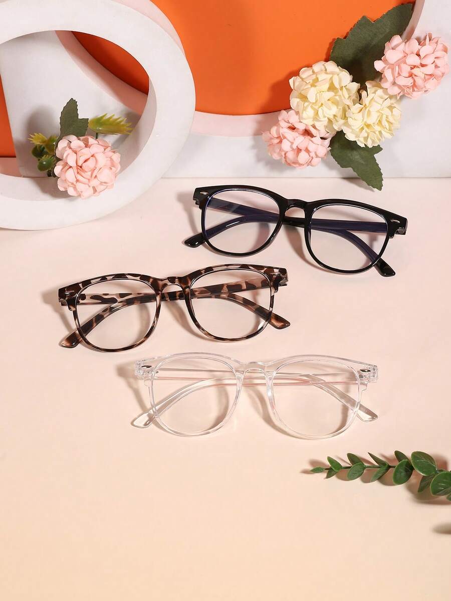 3 Pairs 7-12 Years Old Boys & Girls Classic Square Frame Fashion Glasses, Glossy Tortoise Shell Pattern Polycarbonate Frame, Transparent Clear Lenses, Lightweight & Comfortable, Academic Style, Comes With Glasses Case, Suitable For Daily School Wear - Multicolor - View 1