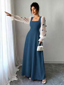 Vestido de mujer con parches tejidos, decoración de lazo y cintura ceñida - Azul marino - Ver 6