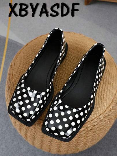 XBYASDF 2026 New Women's Black Base White Polka Dot Square Toe Flat Loafers, French Retro Fashionable Versatile Slip-On Casual Shoes