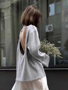 Loose-Fitting Knit Sweater With Open Back, New Autumn-Winter 2026 Model For Women, European Style - 灰色 - 查看 2