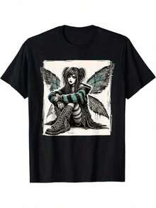 Camiseta gráfica de chica gótica para mujeres - Manga corta, cuello redondo, 100% algodón puro, diseño casual de hada gótica emo, camiseta versátil para todas las estaciones, camiseta gótica |   Camiseta de cuello redondo |   Ropa Casual Duradera - Negro - Ver 1
