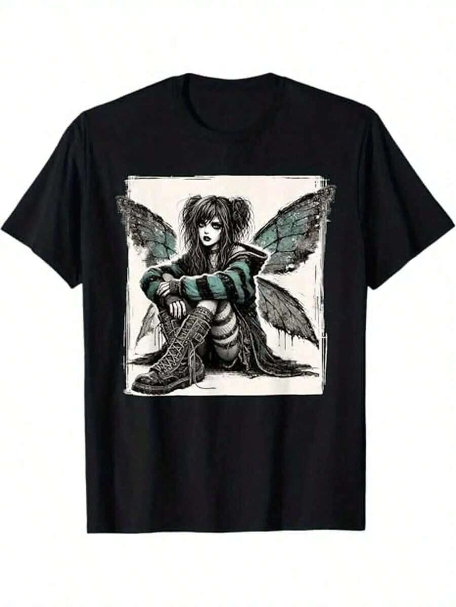 Camiseta gráfica de chica gótica para mujeres - Manga corta, cuello redondo, 100% algodón puro, diseño casual de hada gótica emo, camiseta versátil para todas las estaciones, camiseta gótica |   Camiseta de cuello redondo |   Ropa Casual Duradera - Negro - Ver 1
