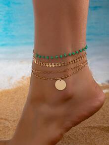 4pcs/Set Bohemian Style Beaded Chain Anklet Set, Women Beach Jewelry Accessories - Yellow Gold - View 1