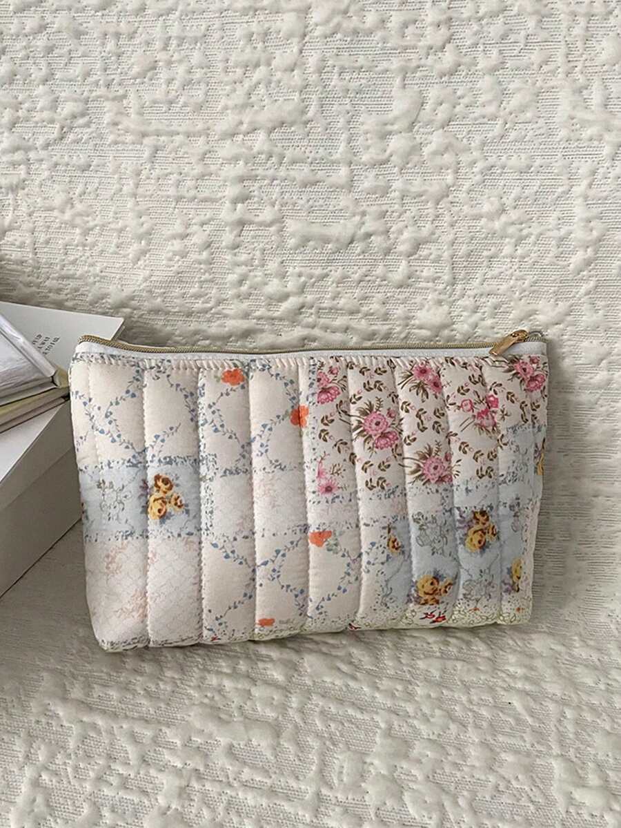 1pc,Floral Patterned Makeup Bag With A Bow; Can Hold Makeup Brushes, Cosmetics, Lipstick, Etc.; Quilted Small Cloth Bag; Large Capacity Makeup Bag; Multifunctional, Practical, And Lightweight. - Multicolor - View 1